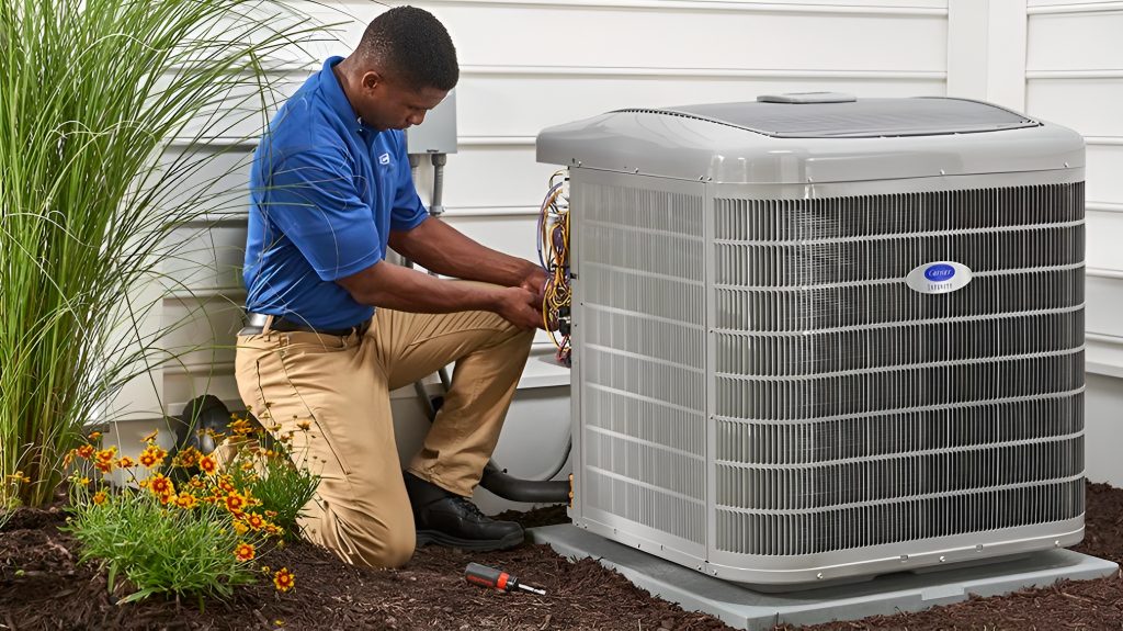 A professional HVAC technician in a blue uniform inspecting an outdoor air conditioning unit's electrical components, performing a spring maintenance check to ensure the system is ready for when to turn on AC in Georgia.