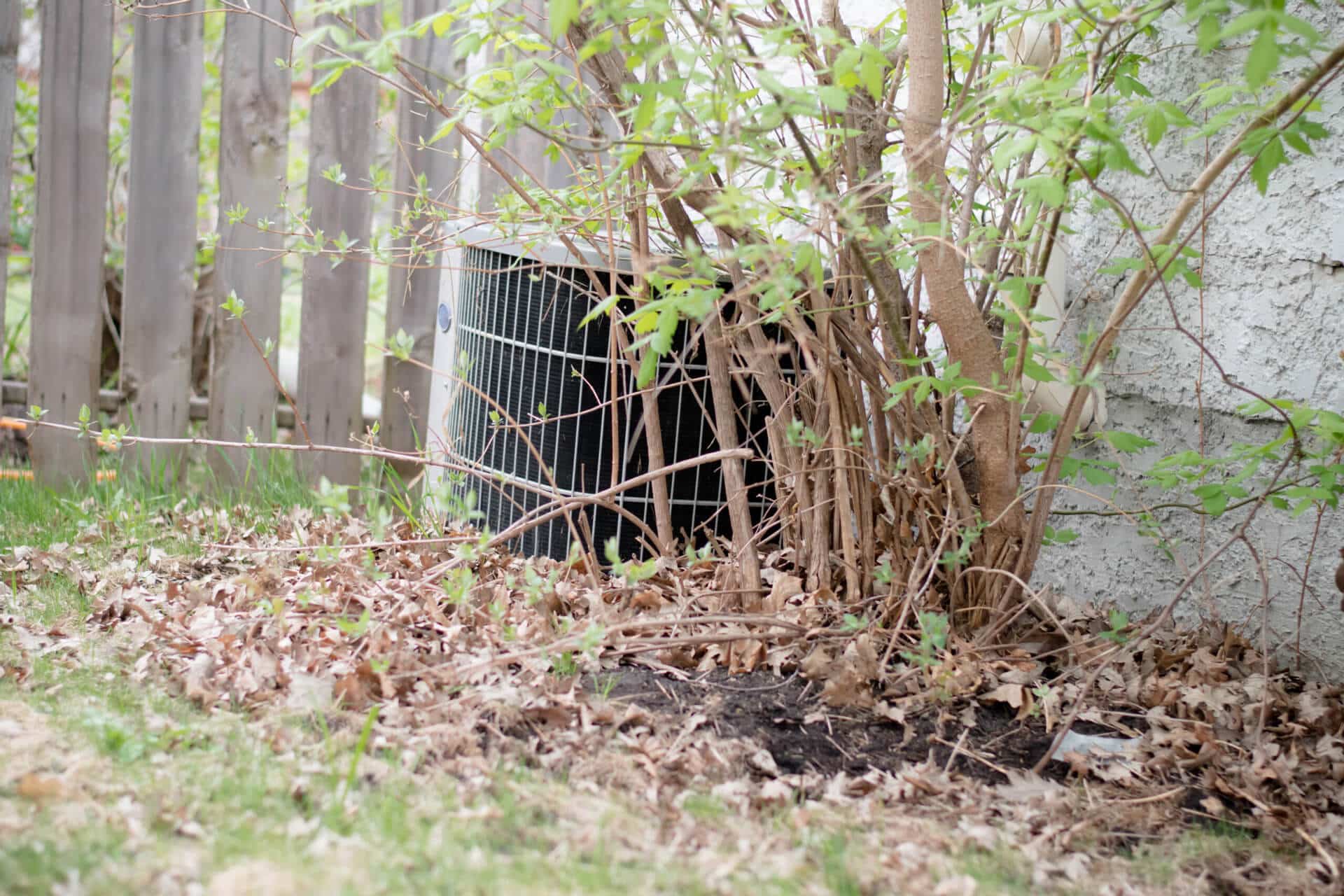 Outdoor air conditioning unit surrounded by overgrown bush, situated near a wooden fence and a textured wall, amidst sparse grass and dry leaves.