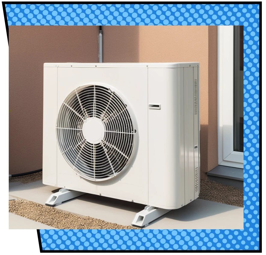 White outdoor heat pump unit against a peach wall near a window, framed by a blue polka dot border. The scene is bright and structured.
