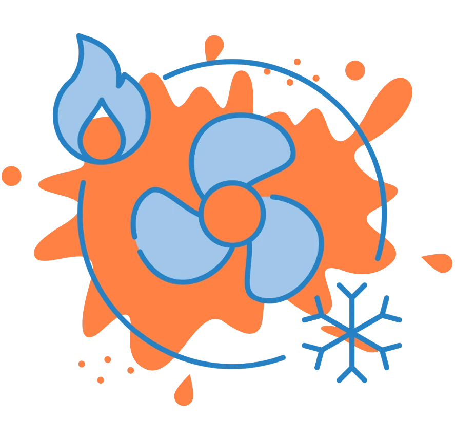 Blue icons of a flame, fan, and snowflake on an orange splatter background. The design suggests heating, cooling, and air circulation.
