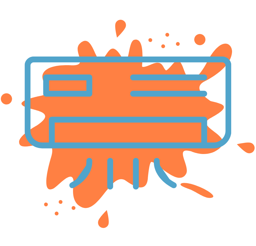 Stylized blue bus outline with windows and wheels, overlaid on an abstract orange paint splatter. Black background. Bold and dynamic.