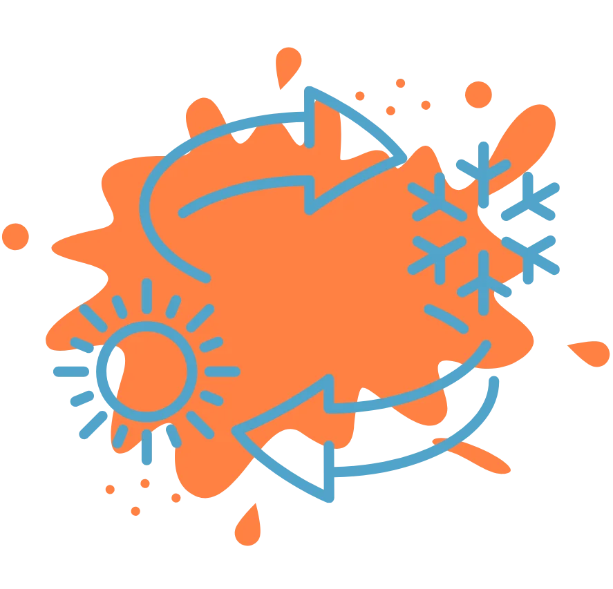 Abstract illustration on a black background features an orange splash with blue arrows, a sun, and snowflakes, symbolizing weather or seasons transition.