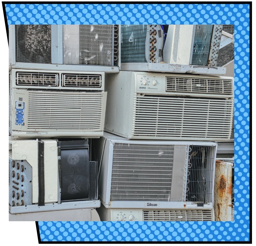 A colorful collage of stacked old air conditioning units on a dotted blue background, evoking a vintage and nostalgic mood.