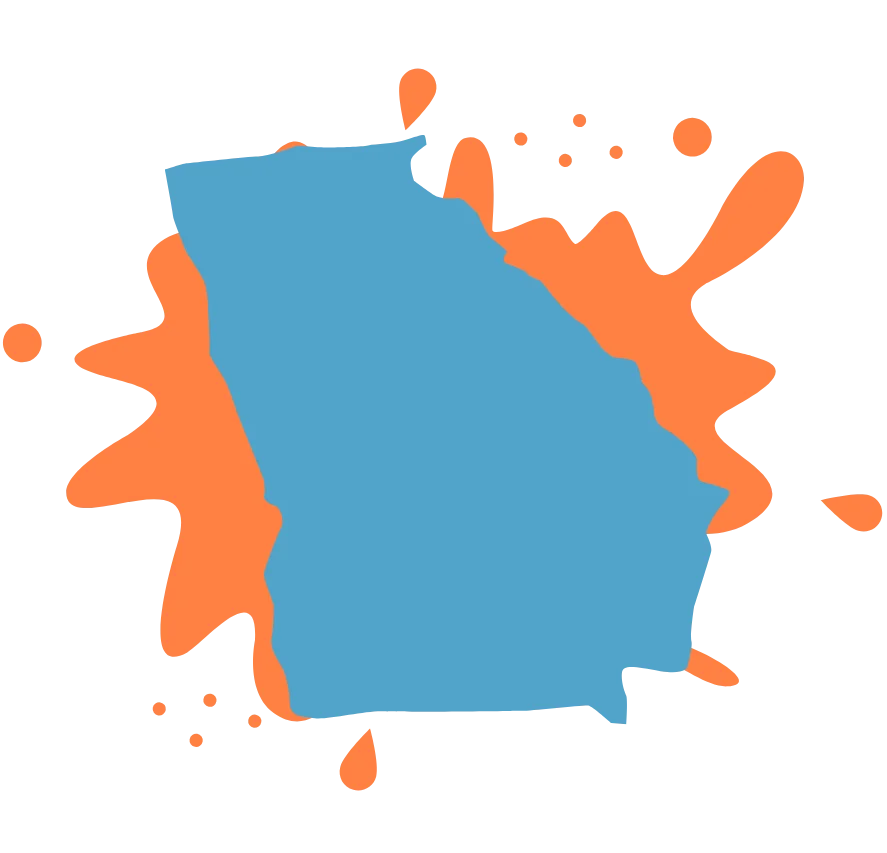 Blue silhouette of Georgia state over a bold orange paint splatter on a black background. Vivid, contrasting colors create a dynamic look.