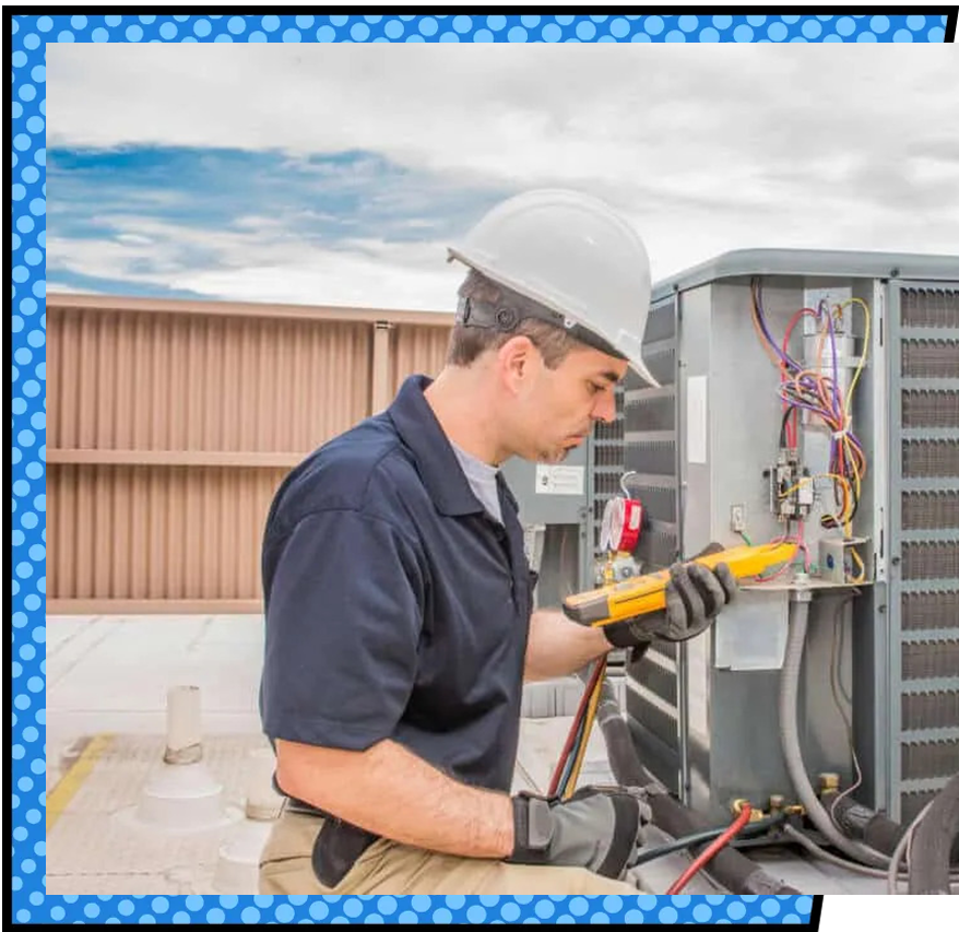 A technician in a hard hat and gloves examines an HVAC unit with testing equipment in Canton, set against a partly cloudy sky. The scene conveys focus and professionalism.