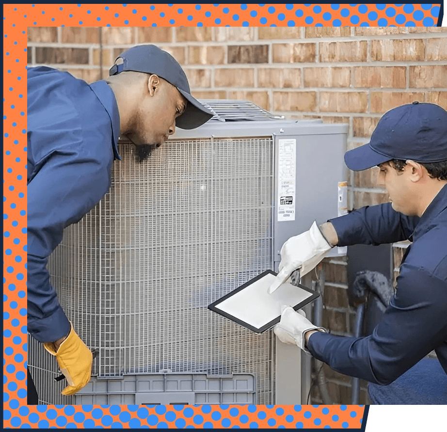 Two technicians in blue uniforms and caps work on an outdoor air conditioning unit to diagnose potential AC short cycle causes.
